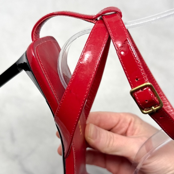 Saint Laurent Strappy Patent Leather Square Toe Ankle Strap Mid Sandal Heels Red - Picture 6 of 14